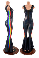 Retro Rainbow Striped Bell Bottom Tank Catsuit in Black Holographic - Coquetry Clothing