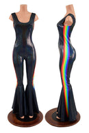 Retro Rainbow Striped Bell Bottom Tank Catsuit in Black Holographic - Coquetry Clothing