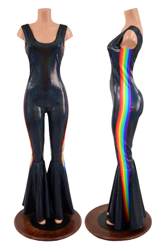 Retro Rainbow Striped Bell Bottom Tank Catsuit in Black Holographic - Coquetry Clothing
