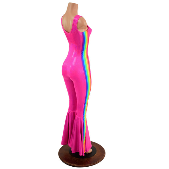 Retro Rainbow Striped Bell Bottom Tank Catsuit in Neon Pink - Coquetry Clothing