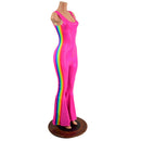 Retro Rainbow Striped Bell Bottom Tank Catsuit in Neon Pink - Coquetry Clothing