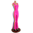 Retro Rainbow Striped Bell Bottom Tank Catsuit in Neon Pink - Coquetry Clothing