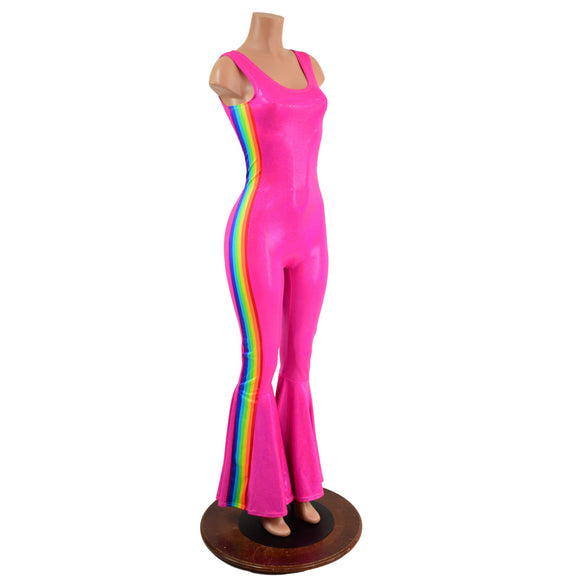 Retro Rainbow Striped Bell Bottom Tank Catsuit in Neon Pink - Coquetry Clothing