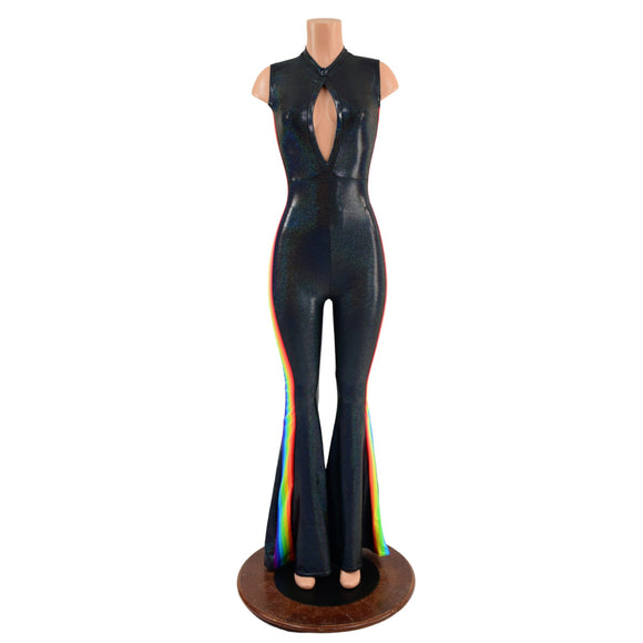 Retro Rainbow Striped Solar Flare Catsuit with Keyhole Neckline - Coquetry Clothing