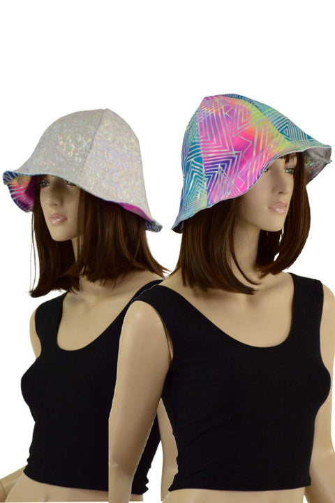 Reversible Bucket Hat in Spectrum & Silver On White Shattered Glass - Coquetry Clothing