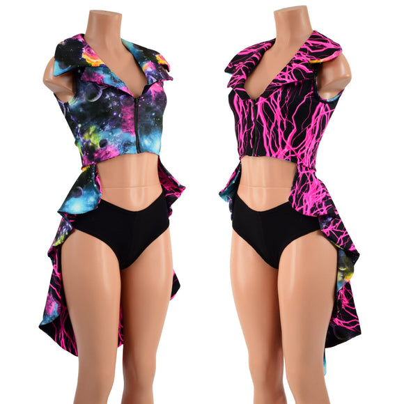 Reversible Tuxedo Tail Sleeveless Zipper Front Crop Jacket - Coquetry Clothing