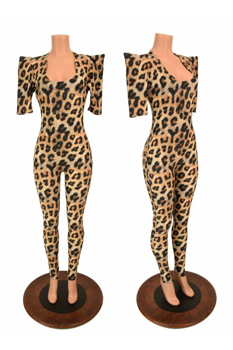 Leopard Sharp Shoulder Catsuit - Coquetry Clothing