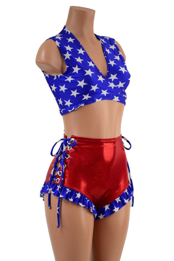 Ruffle Leg Lace Up Siren Shorts and Wrap And Tie Top Set - Coquetry Clothing