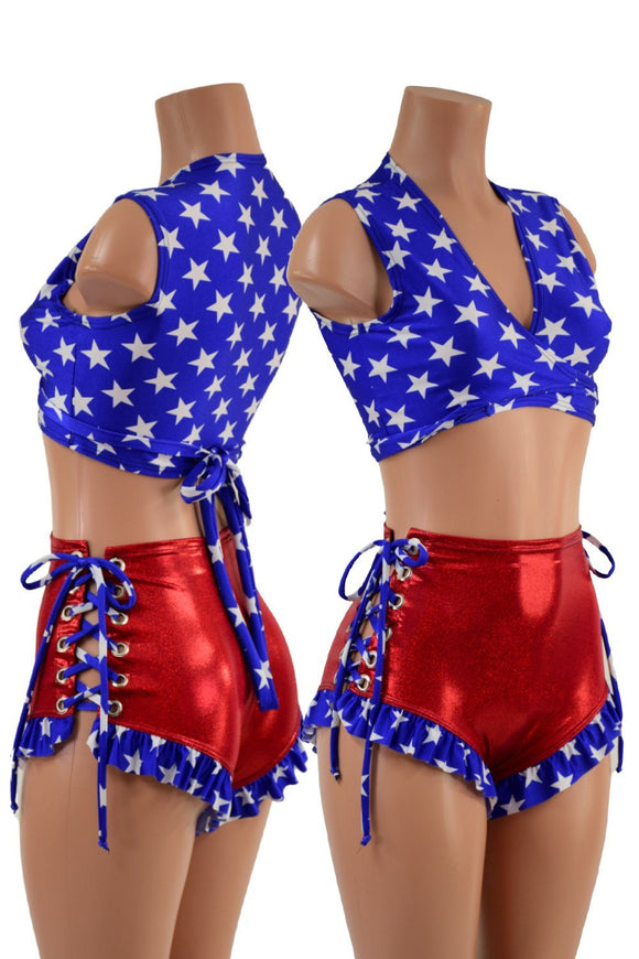 Ruffle Leg Lace Up Siren Shorts and Wrap And Tie Top Set - Coquetry Clothing