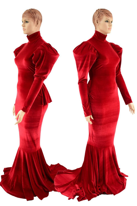 Red Velvet Victoria Sleeve Gown with Ruffle Rump - Coquetry Clothing