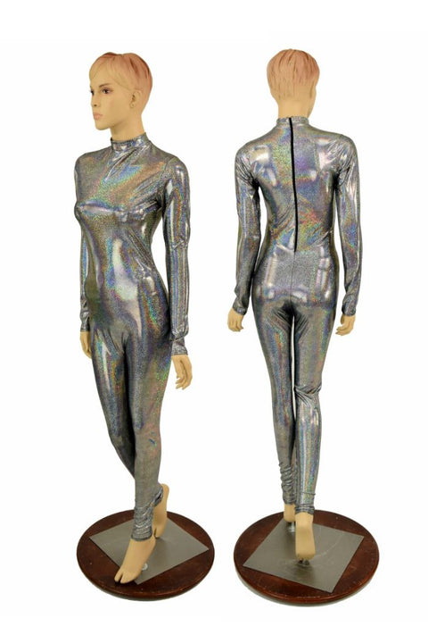 Silver Holographic Short Collar Catsuit - Coquetry Clothing