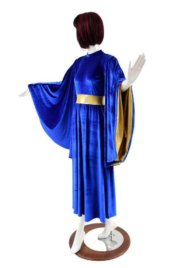 Sapphire Velvet and Gold Holographic Fan Sleeve Gown - Coquetry Clothing