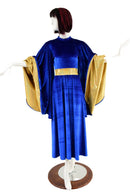 Sapphire Velvet and Gold Holographic Fan Sleeve Gown - Coquetry Clothing