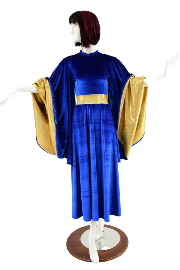 Sapphire Velvet and Gold Holographic Fan Sleeve Gown - Coquetry Clothing
