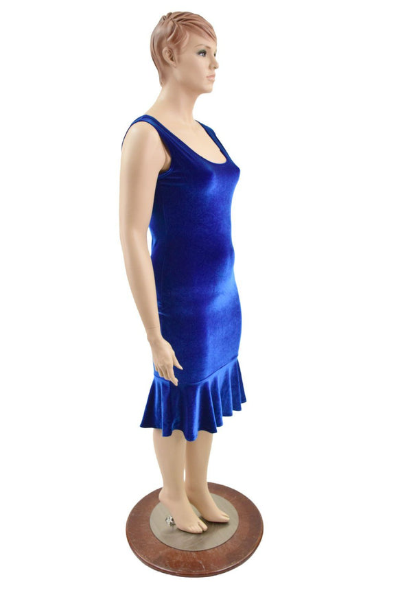 Sapphire Velvet Tank Style Ruffled Wiggle Dress - Coquetry Clothing