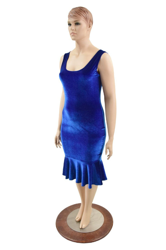 Sapphire Velvet Tank Style Ruffled Wiggle Dress - Coquetry Clothing