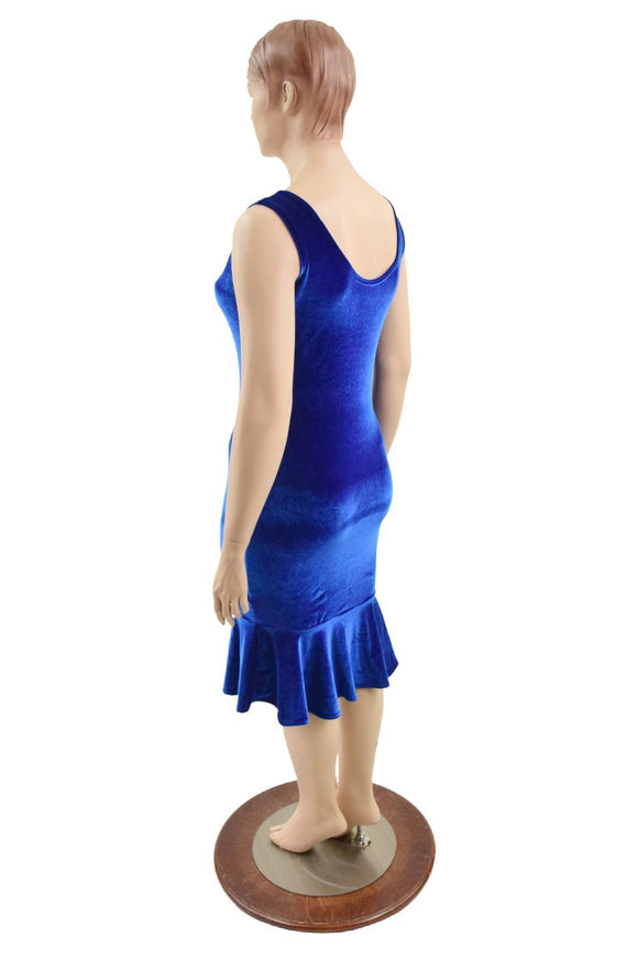 Sapphire Velvet Tank Style Ruffled Wiggle Dress - Coquetry Clothing