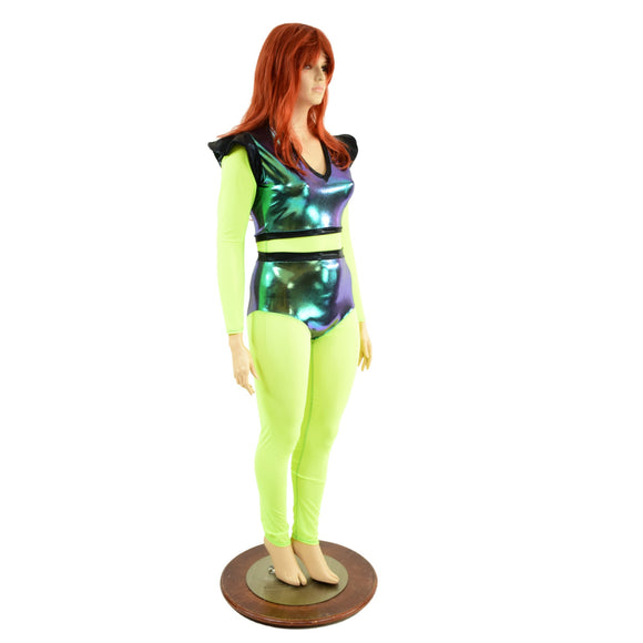 Scarab & Neon Yellow Mesh Catsuit - Coquetry Clothing
