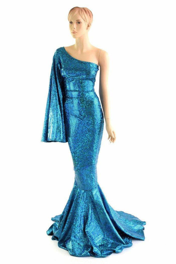 "Sea Goddess" One Shoulder Turquoise Puddle Train Gown - Coquetry Clothing
