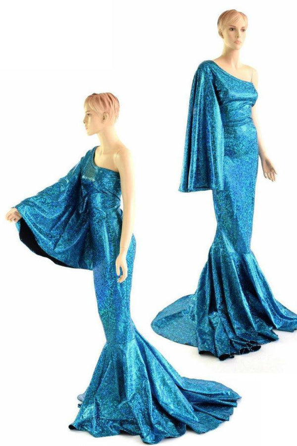 "Sea Goddess" One Shoulder Turquoise Puddle Train Gown - 1