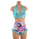 Seafoam & Dreamscape Halter & Ruffled Leg Siren Shorts Set - Coquetry Clothing