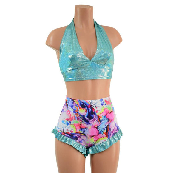 Seafoam & Dreamscape Halter & Ruffled Leg Siren Shorts Set - Coquetry Clothing