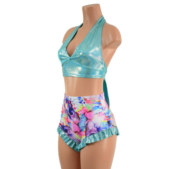 Seafoam & Dreamscape Halter & Ruffled Leg Siren Shorts Set - Coquetry Clothing