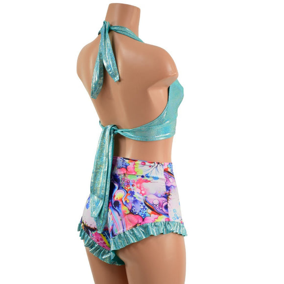Seafoam & Dreamscape Halter & Ruffled Leg Siren Shorts Set - Coquetry Clothing