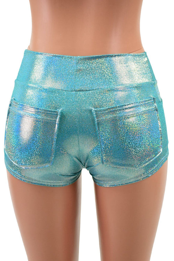Seafoam Holographic Mid Rise Shorts with Front and Back Pockets - Coquetry Clothing