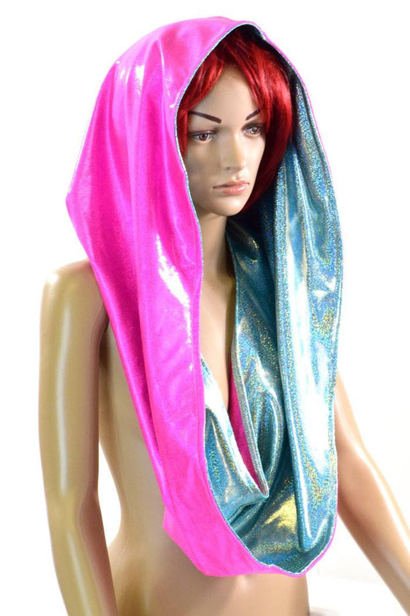 Seafoam & Neon Pink HUGE Reversible Festival hood - Coquetry Clothing