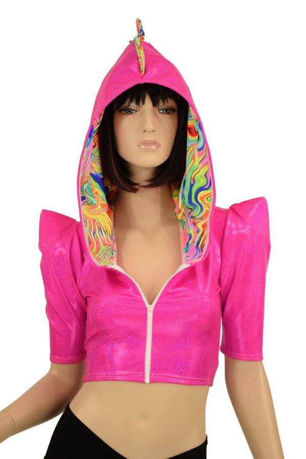 Sharp Shoulder Half Sleeve Dragon Crop Top - 1