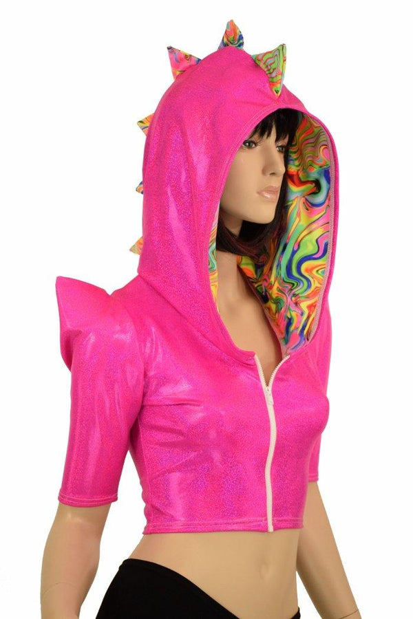 Sharp Shoulder Half Sleeve Dragon Crop Top - 2