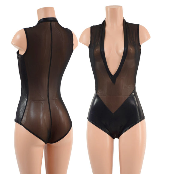 Sheer Black Mesh and Metallic Plunging V Romper - Coquetry Clothing