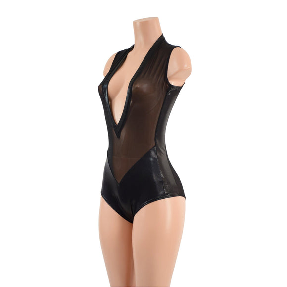 Sheer Black Mesh and Metallic Plunging V Romper - Coquetry Clothing