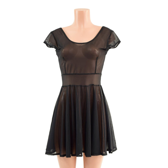 Sheer Black Mesh Cap Sleeve Skater Dress - Coquetry Clothing
