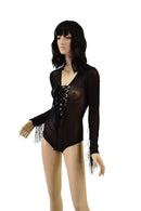 Sheer Black Mesh Laceup Fringe Romper - Coquetry Clothing