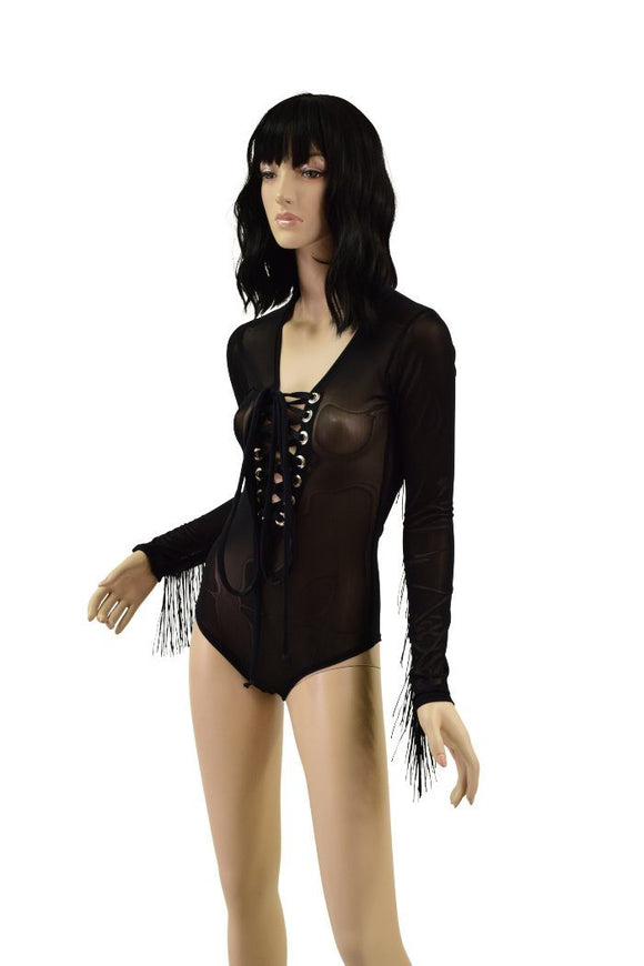 Sheer Black Mesh Laceup Fringe Romper - Coquetry Clothing