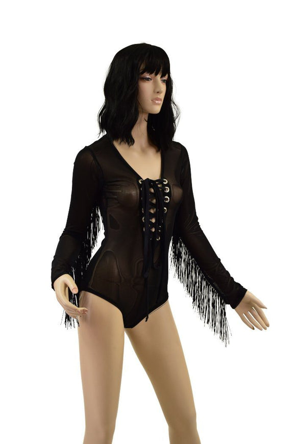 Sheer Black Mesh Laceup Fringe Romper - Coquetry Clothing