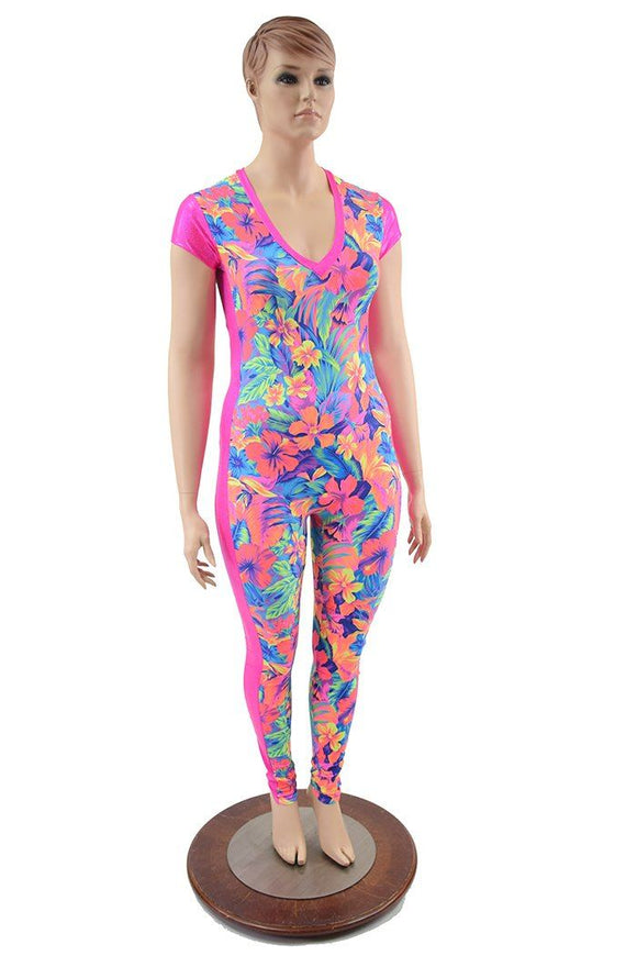 Side Panel Catsuit with Cap Sleeves & V Neckline - Coquetry Clothing