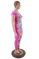 Side Panel Catsuit with Cap Sleeves & V Neckline - Coquetry Clothing