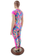 Side Panel Catsuit with Cap Sleeves & V Neckline - Coquetry Clothing
