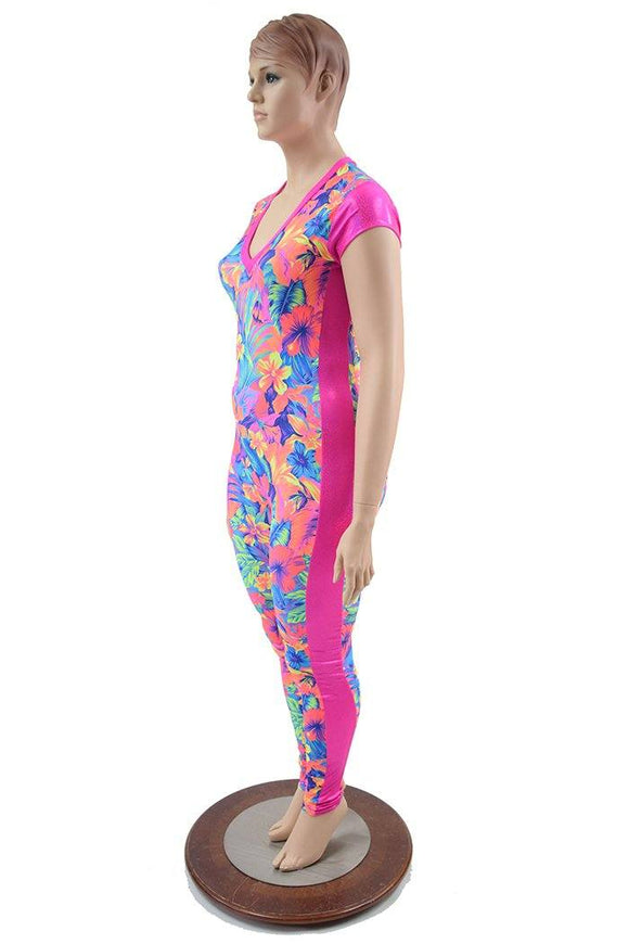 Side Panel Catsuit with Cap Sleeves & V Neckline - Coquetry Clothing