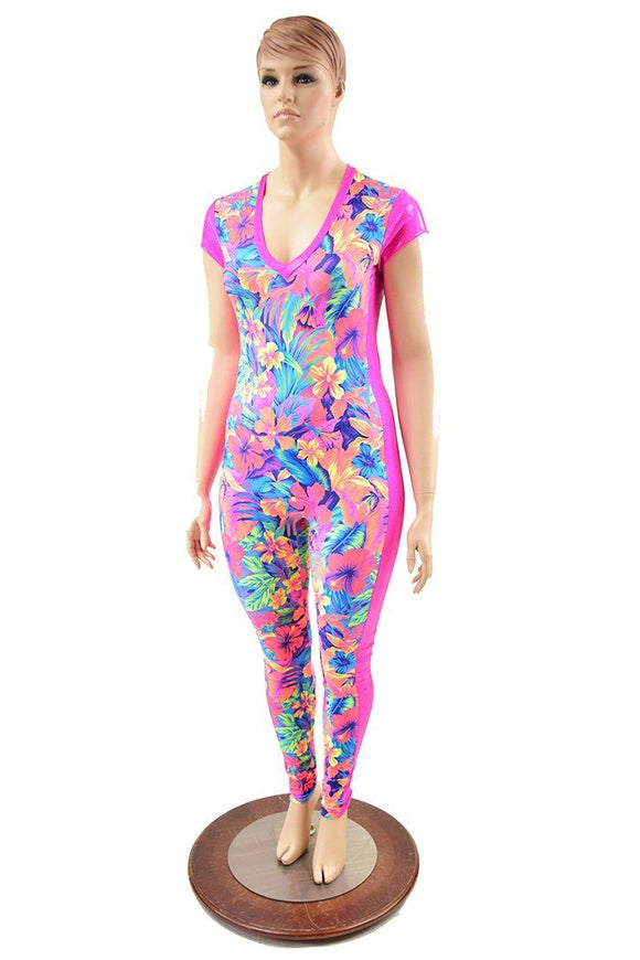Side Panel Catsuit with Cap Sleeves & V Neckline - Coquetry Clothing
