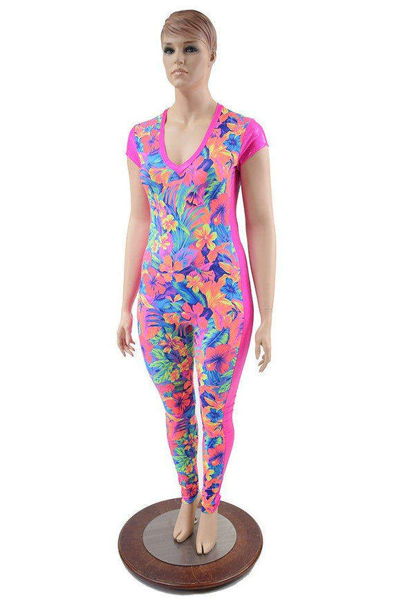 Side Panel Catsuit with Cap Sleeves & V Neckline - Coquetry Clothing