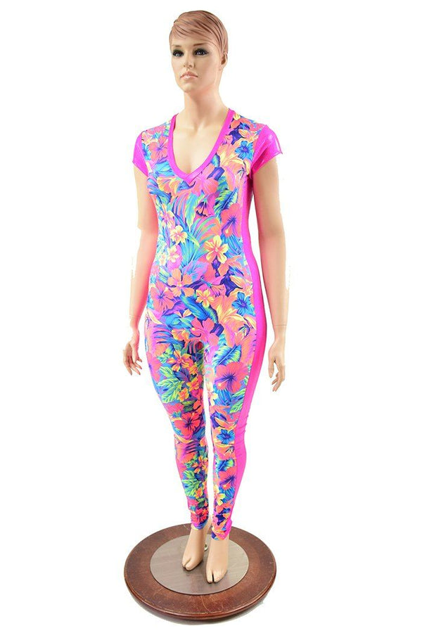 Side Panel Catsuit with Cap Sleeves & V Neckline - 5