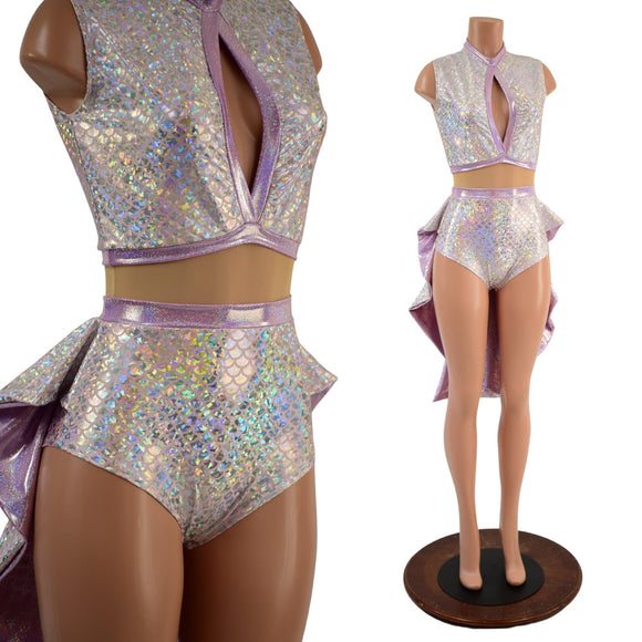 Silver and Pink Scale Tuxedo Romper with Nude Mesh Waist Panel - Coquetry Clothing