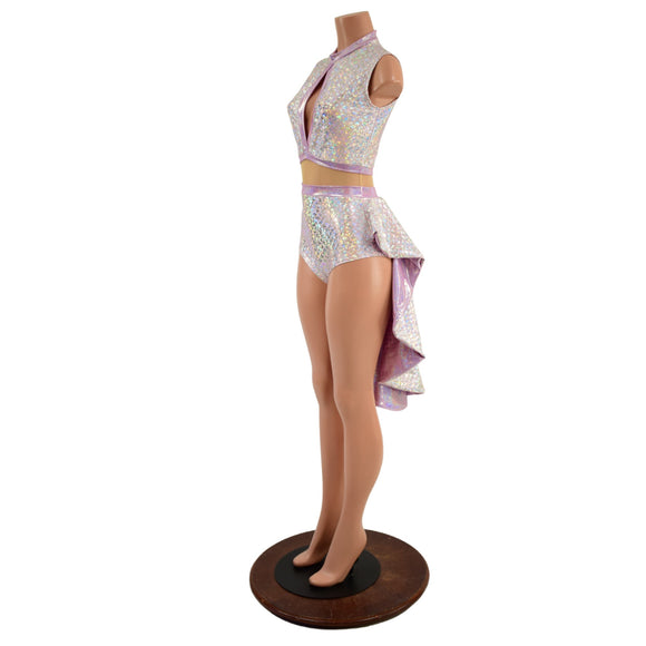 Silver and Pink Scale Tuxedo Romper with Nude Mesh Waist Panel - Coquetry Clothing