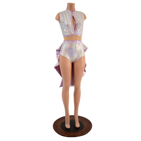 Silver and Pink Scale Tuxedo Romper with Nude Mesh Waist Panel - 5