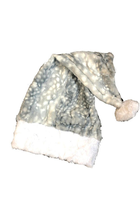 Silver Fawn Minky Faux Fur Santa Hat with White Trim - Coquetry Clothing