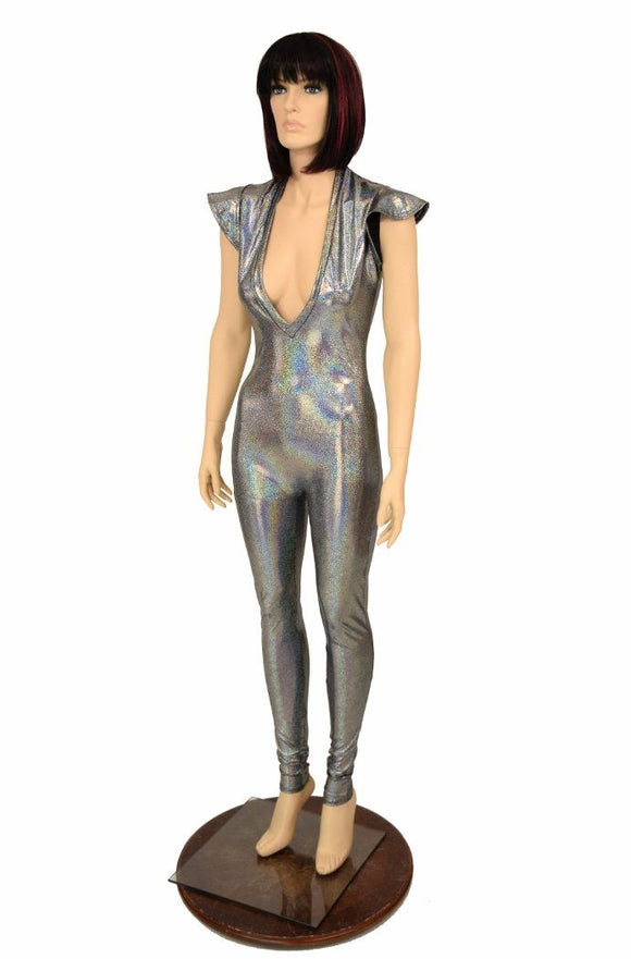 Silver Flip Sleeve Plunging V Catsuit - Coquetry Clothing